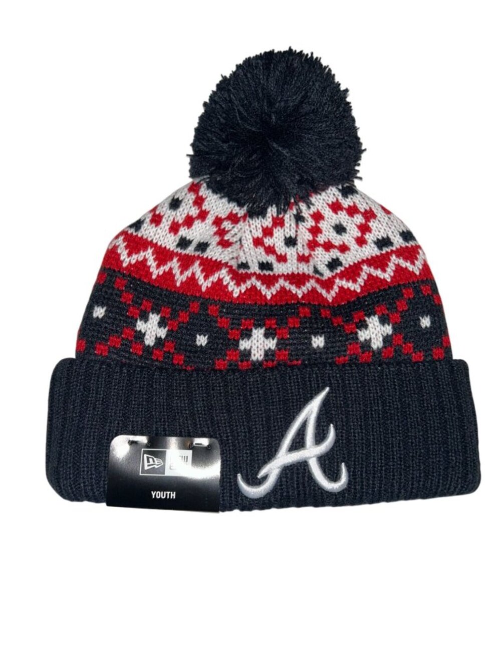 NWT New Era Youth Navy & Red Atlanta Braves Knit Beanie With Removable Pom MSRP